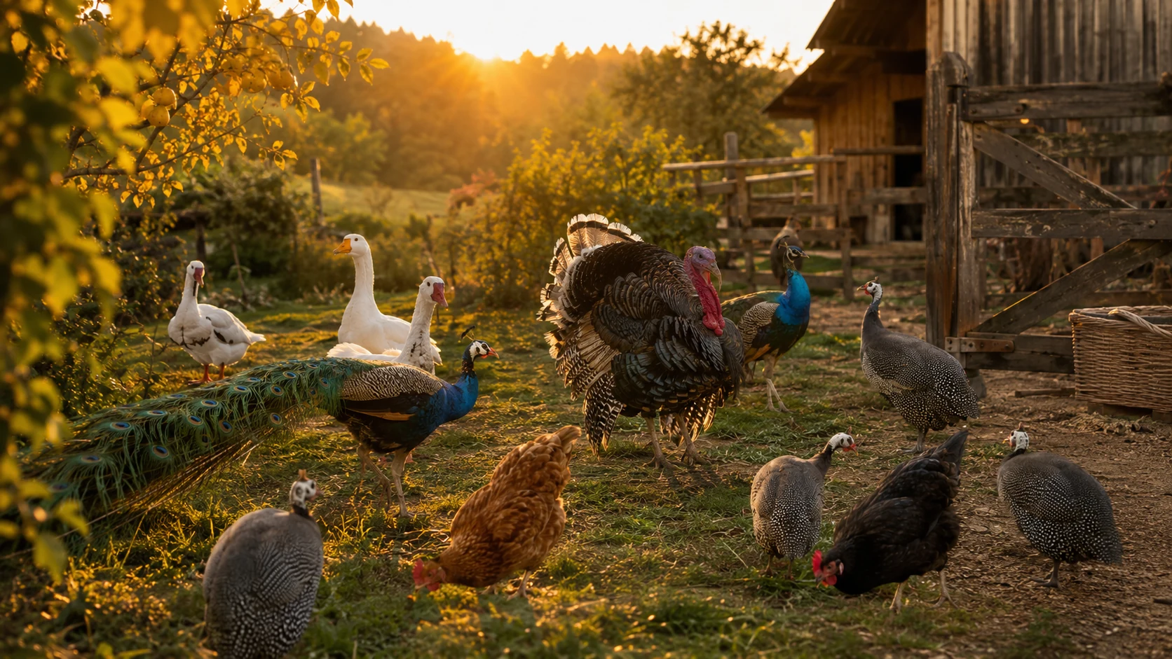 Geese, turkeys, peacocks, chickens, and guinea hens gathered in a farmyard