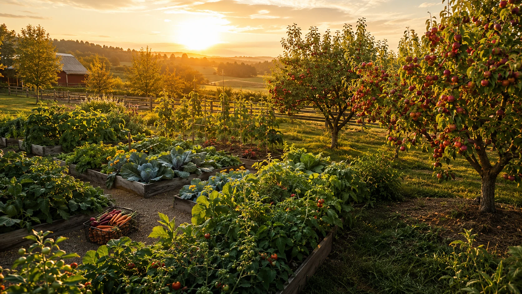 A large vegetable garden and fruit orchard glowing in late-afternoon sunlight