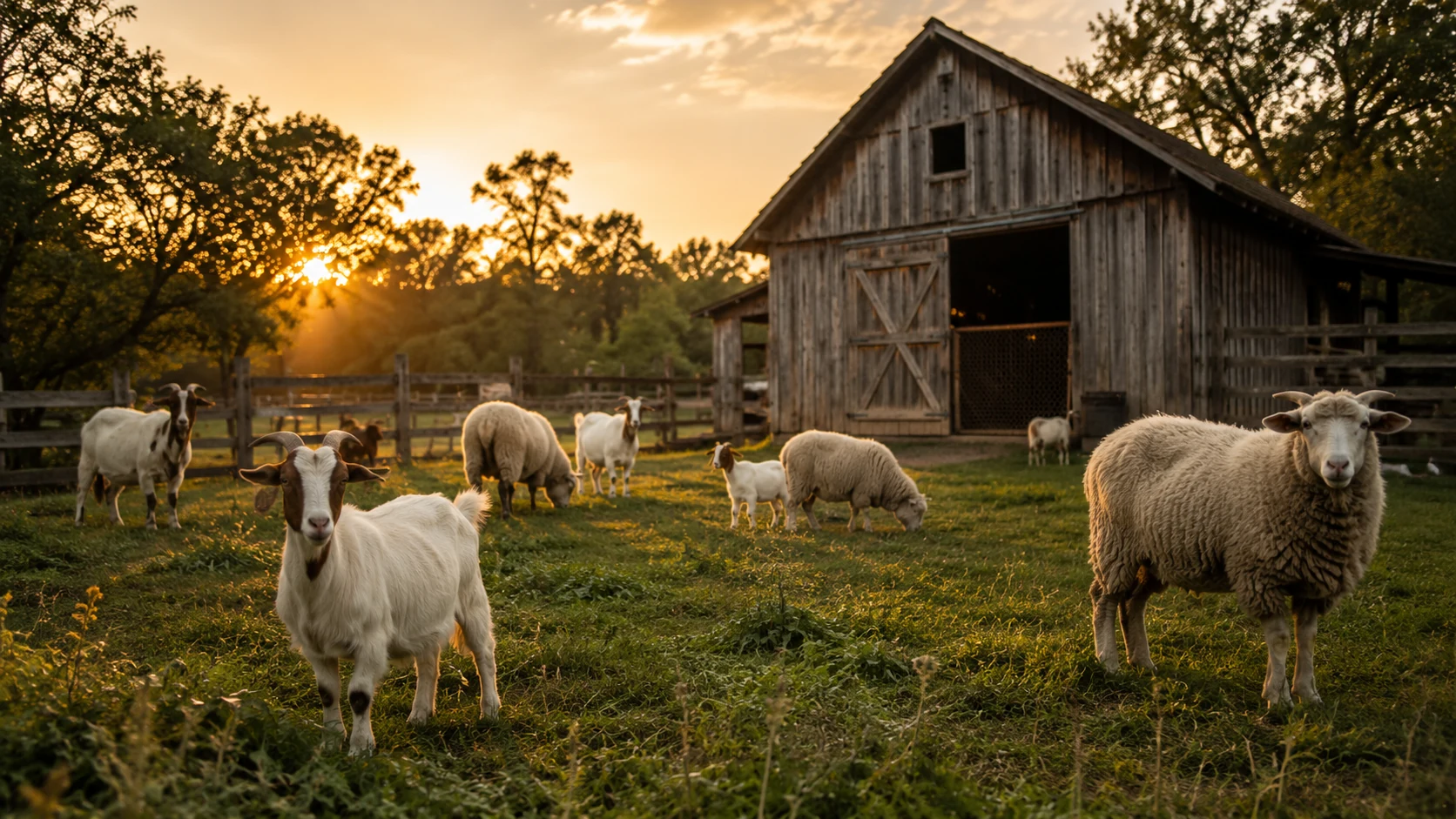 Goats and sheep grazing beside a rustic barn in warm evening light